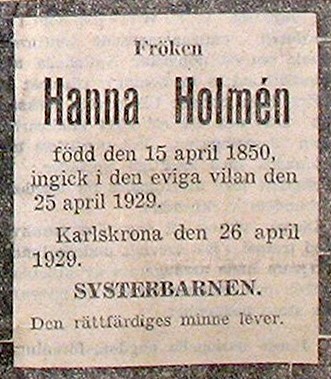 Dödsannons - Hanna Holmén (1929)